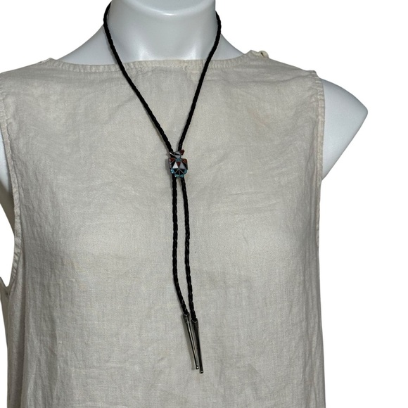 Bolo tie thunderbird Native American Turquoise,coral, mother of pearl,onyx - Picture 4 of 7